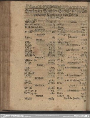 Register der Biblischen Sprüche die im Eingange und Voreingange jeder Predigt erkläret worden