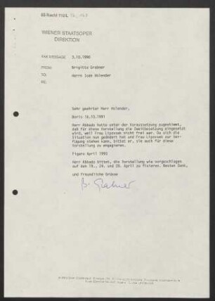 Brief an Ioan Holender, 03.10.1990