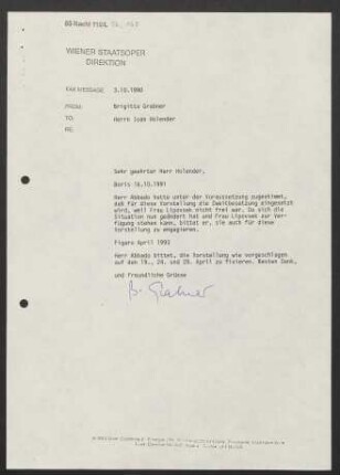 Brief an Ioan Holender, 03.10.1990
