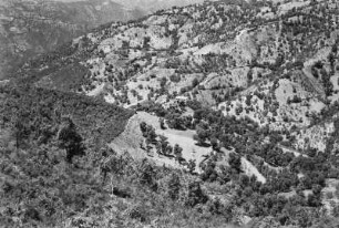 Landschaftsblick : Blick auf Berghang und Tal unterhalb des Dorfes Aït Aïssa Mimoune. Im Tal befinden sich Getreidefelder.