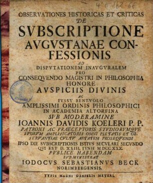 Observationes Historicas Et Criticas De Svbscriptione Avgvstanae Confessionis