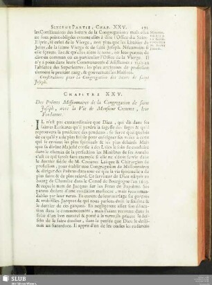 Chapitre XXV. Des Prêtres Missionnaires de la Congregation de saint Jeseph, avec la Vie de Monsieur Cretenet, leur Fondateur