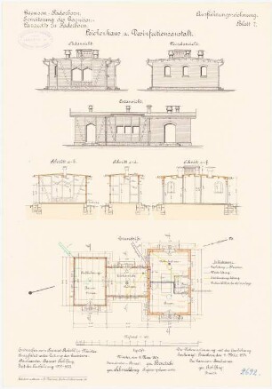 Garnisonslazarett, Paderborn Erweiterung: Leichenhaus und Desinfektionsanstalt: Grundriss, Aufriss Nordansicht, Südansicht, Ostansicht, Längsschnitt, Querschnitte 1:100