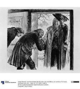 Gerichtsrat Walter tritt, freundlich den Hut lüftend, von rechts zur Tür herein, von Adam und Licht untertänig begrüßt, zu Heinrich von Kleist "Der Zerbrochene Krug"