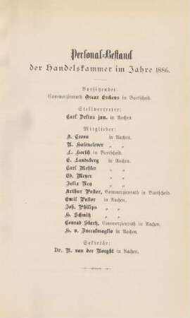 Personal-Bestand der Handelskammer im Jahre 1886.