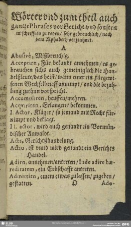 Wörter und zum theil auch gantze Phrases vor Gericht und sonsten in schrifften zu reden, sehr gebreuchlich, nach dem Alphabeth verzeichnet
