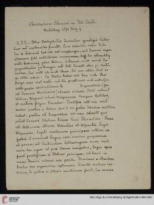Chemius, Christophorus: Brief an Johann Crato von Craftheim (1571)