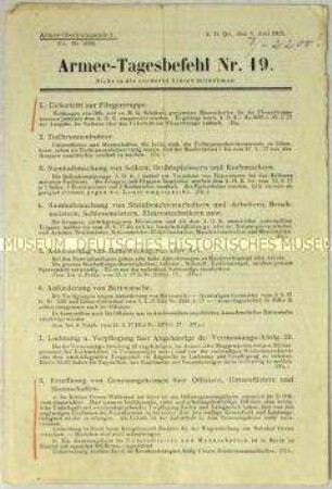 Tagesbefehl des Oberkommandos der 1. Armee u.a. zur Eröffnung von Genesungsheimen für Militärangehörige