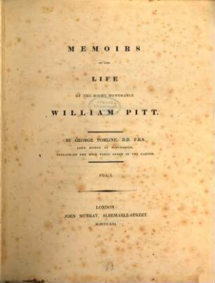 Memoirs of the life of the Right Honorable William Pitt. 1