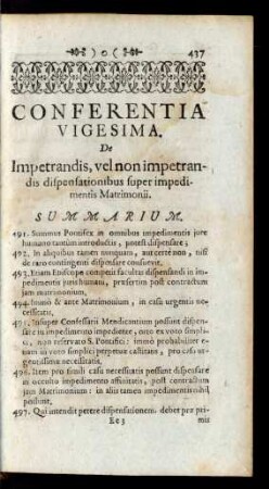 Conferentia Vigesima. De Impetrandis, vel non impetrandis dispensationibus super impedimentis Matrimonii
