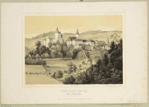 Das Schloss und die St.-Georgen-Kirche in Schwarzenberg, Blick vom Ottenstein aus nördlicher Richtung, aus dem Album der Obererzgebirgischen Staats-Eisenbahn