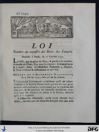Loi Relative au sequestre des Biens des Emigrés.