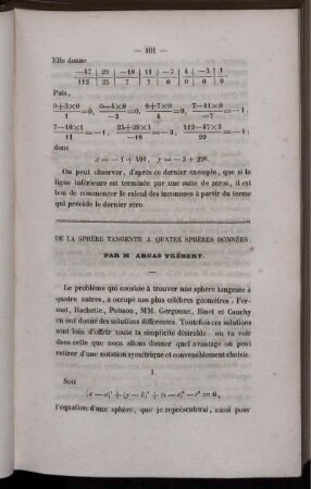 De la sphère tangente a quatre sphères données.