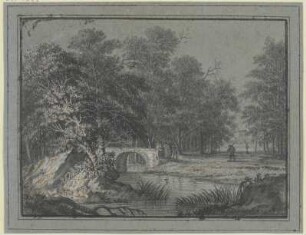Wald mit Wasser und einer Brücke, dabei mehrere Figuren