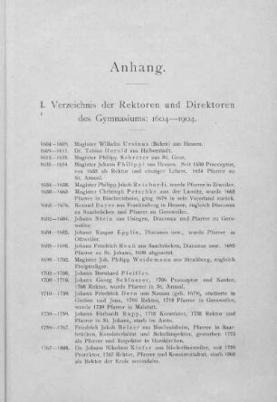 Verzeichnis der Rektoren und Direktoren des Gymnasiums: 1604-1904
