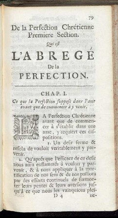 De la Perfection Chrétienne Premiere Section. Qui est L'Abregé De la Perfection.