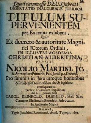 Dissertatio Inauguralis Juridica Titulum Supervenientem per Excerpta exhibens