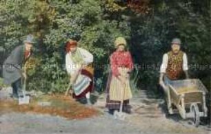 Paare in russisch-polnischer Volkstracht bei der Feldarbeit (zweisprachig)