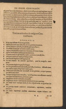 Tertius articulus, de origine Contractum. Summaria.