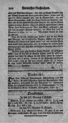 Druckfehler. In des XV. Bandes I. Stücke. - In des XV. Bandes II. Stücke.