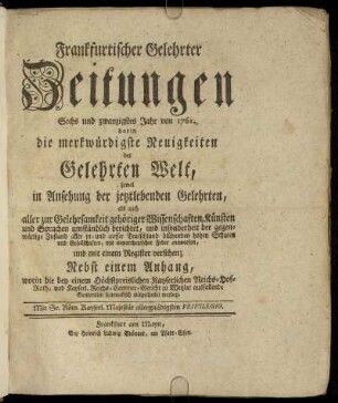 26: Frankfurtischer gelehrter Zeitungen Sechs und zwanzigstes Jahr
