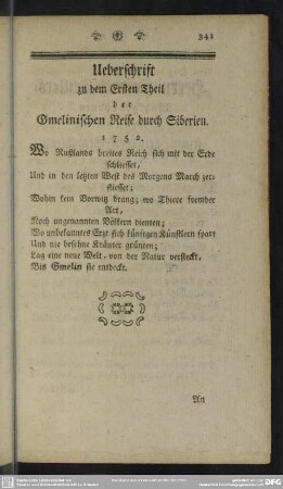 Ueberschrift zu dem Ersten Theil der Gmelinischen Reise durch Siberien