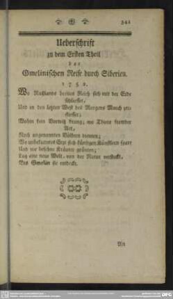 Ueberschrift zu dem Ersten Theil der Gmelinischen Reise durch Siberien