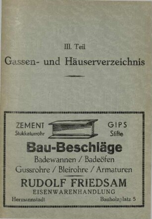 III. Teil Gassen- und Häuserverzeichnis