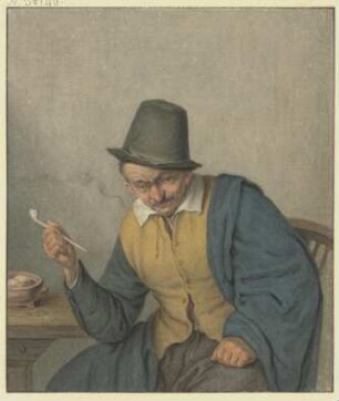 Nachdenkender Bauer an einem Tische sitzend, die Pfeife in der Hand haltend