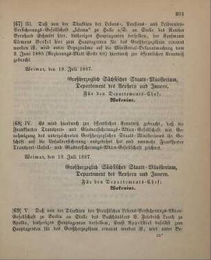 67. Ministerial-Bekanntmachung, den Wechsel in der Hauptagentur der Lebens-, Pensions- und Leibrenten-Versicherungs-Gesellschaft "Iduna" zu Halle a/S. betreffend