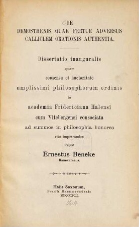 De Demosthenis quae fertur adversus Calliclem orationis authentia
