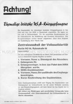 Informationsblatt des Zentralausschusses der Volkssolidarität für ehemalige USA-Kriegsgefangene