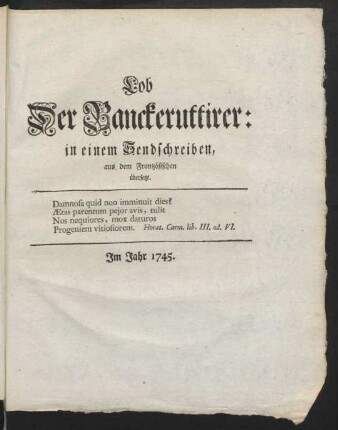 Lob Der Banckeruttirer : in einem Sendschreiben, aus dem Frantzösischen übersetzt