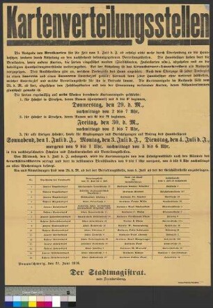 Bekanntmachung des Stadtmagistrats Braunschweig zur Ausgabe der Brotkarten in der Stadt Braunschweig im Juni 1916