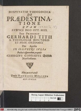 Disputatio Theologica De Praedestinatione