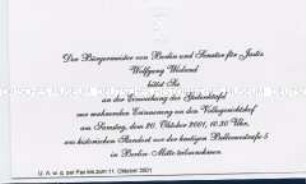 Einladungskarte zur Einweihung einer Gedenktafel zur mahnenden Erinnerung an den Volksgerichtshof