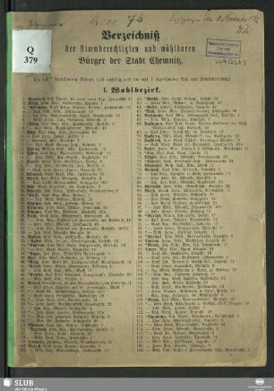 1882: Verzeichniß der stimmberechtigten und wählbaren Bürger der Stadt Chemnitz