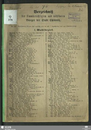 1882: Verzeichniß der stimmberechtigten und wählbaren Bürger der Stadt Chemnitz