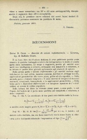 Recensioni. Dottor M. Chini- Esercizi di calcolo infinitesimale.-Livorno, tip. di Faffaele Giusti.