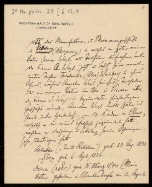 Brief von Emil Weyl an Unbekannt