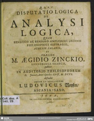 Disputatio Logica De Analysi Logica