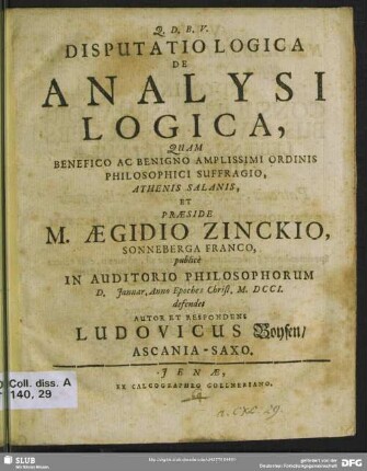 Disputatio Logica De Analysi Logica