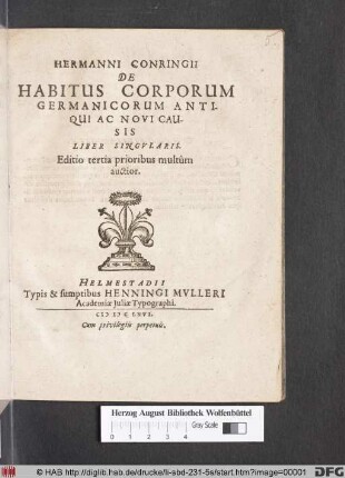 Hermanni Conringii De Habitus Corporum Germanicorum Antiqui Ac Novi Causis Liber Singularis