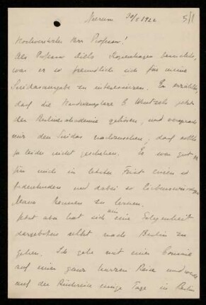 Nr. 5 Brief von Ada Adler an Ulrich von Wilamowitz-Moellendorff. Naerum, 30.8.1922