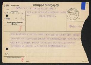 Brief von ... Spitzmüller (Minister, Wien) an Gerhart Hauptmann