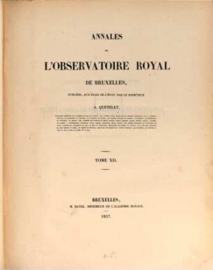 Annales de l'Observatoire Royal de Bruxelles, 12. 1857