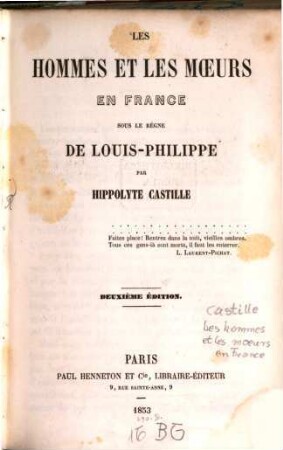 Les hommes et les moeurs en France sous le règne de Louis-Philippe
