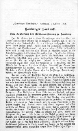 Hamburger Baukunst. Eine Aeußerung der Bildhauer-Innung zu Hamburg.