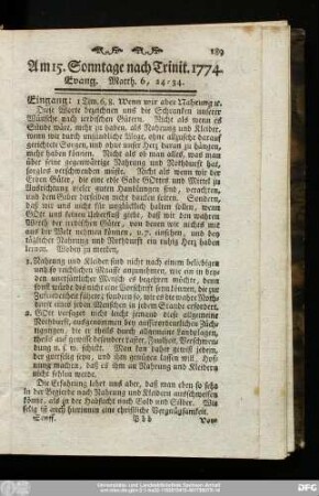 Am 15. Sonntage nach Trinit. 1774. Evang. Matth. 6, 24 - 34.