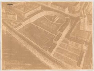 Berufsschulen am Urban, Berlin-Kreuzberg: Perspektivische Ansicht (Vogelschau) vom Hafen her (mit geschlossenen Gebäudekomplexen) (siehe Inv.Nr. 3878 und 3879)